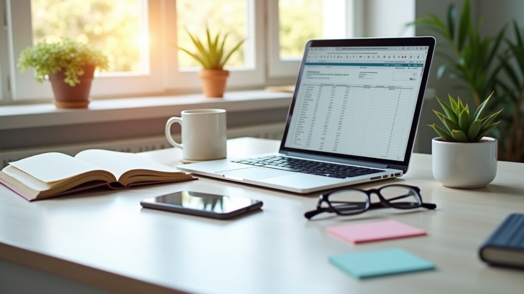 Workspace with laptop and props