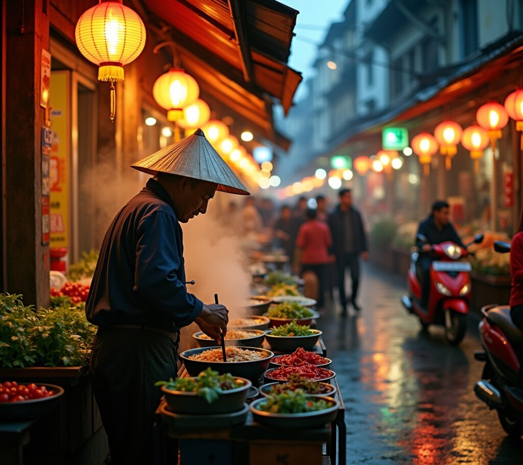 Vendor preparing pho at street stall