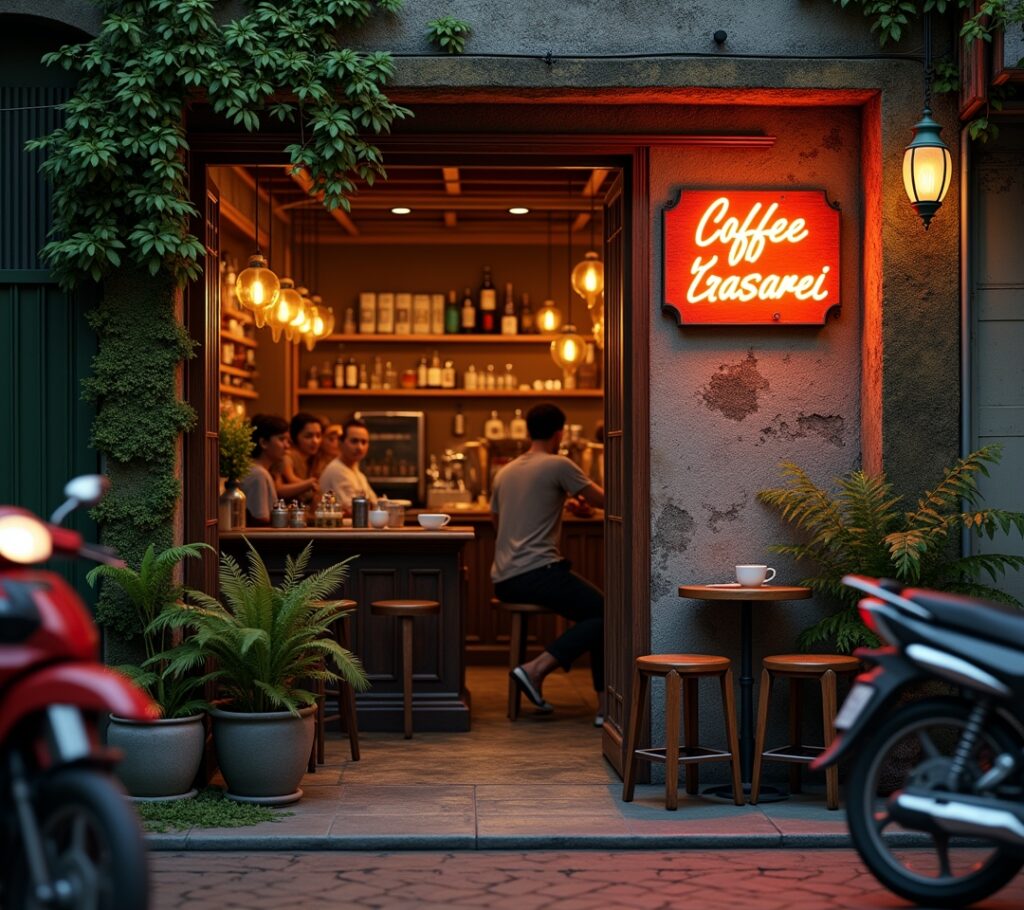 Coffee shop exterior with vintage signage