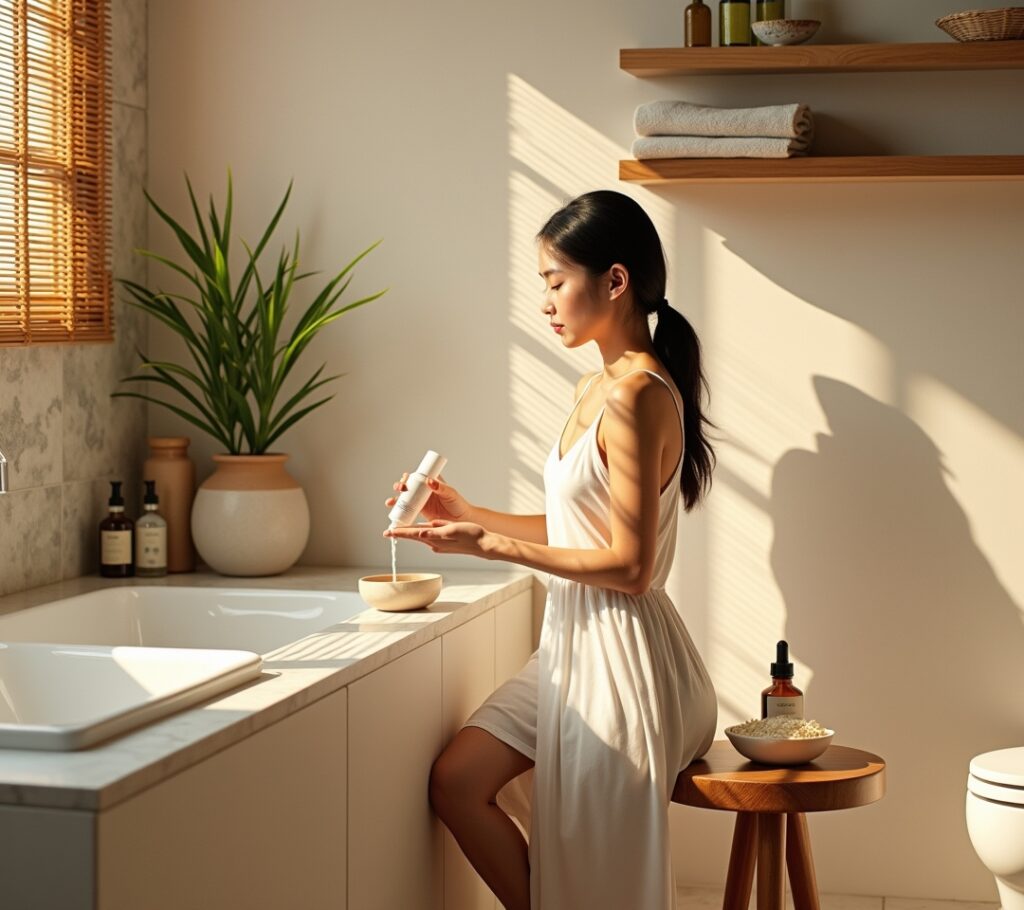 Skincare products arranged on marble